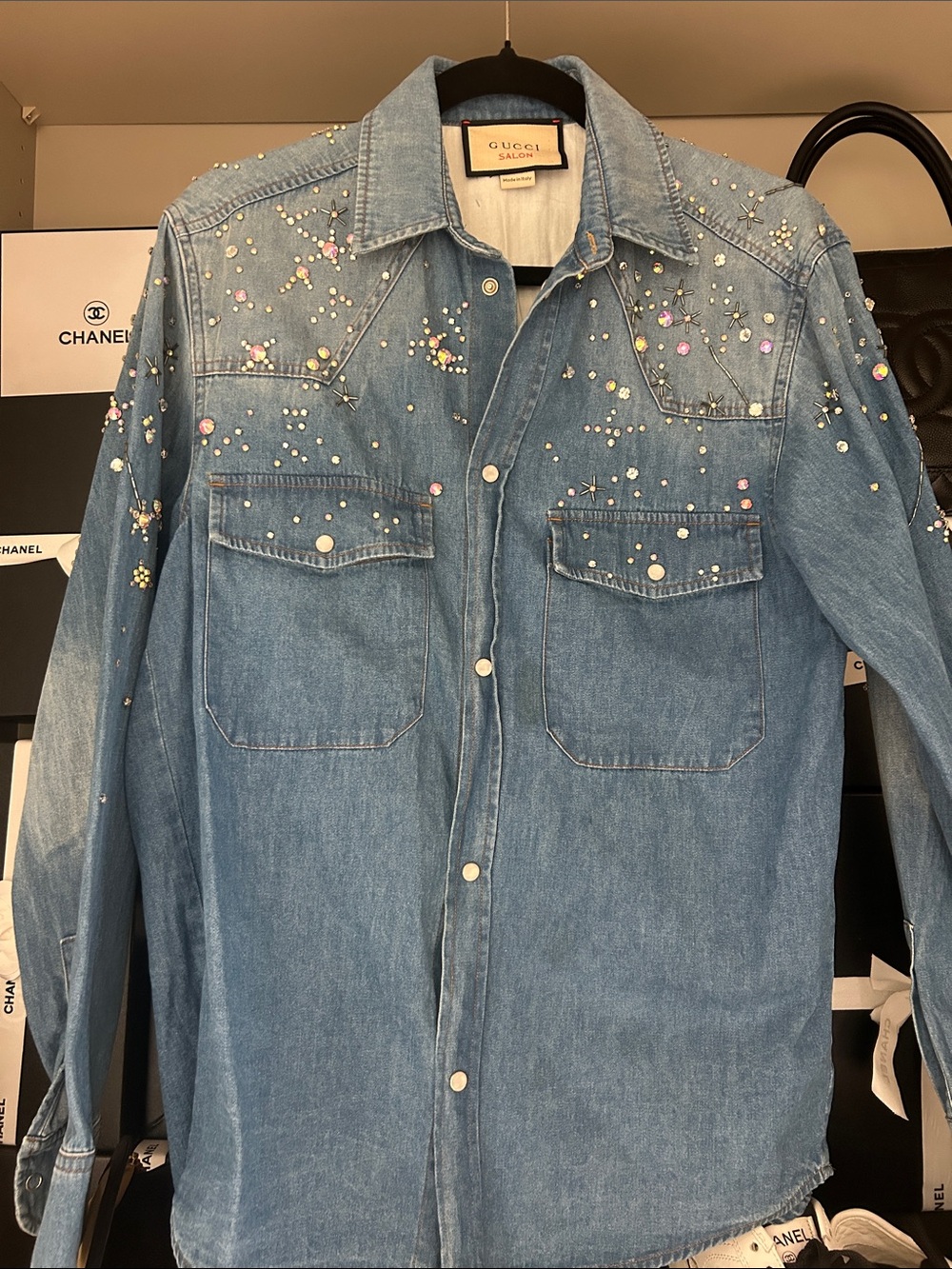 Gucci Light Blue Denim Western Shirt with Pearl & Crystal Accents